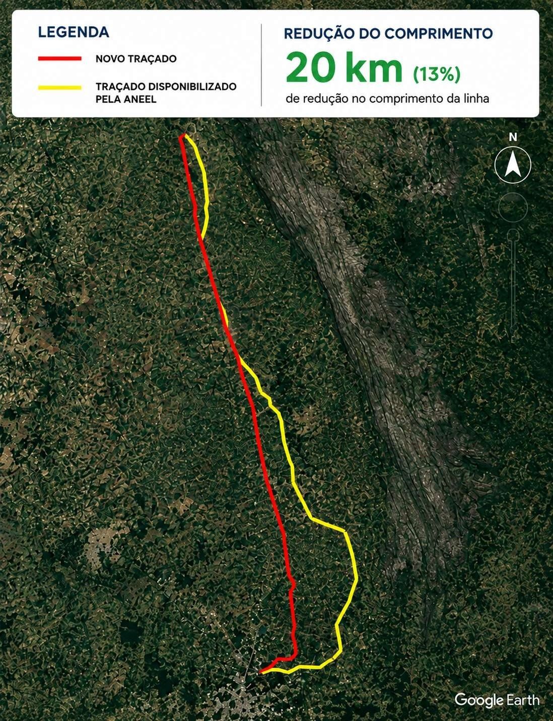 Imagem de satélite mostrando comparação entre o traçado original disponibilizado pela ANEEL e o traçado otimizado pela Tech LT, com redução de comprimento da linha